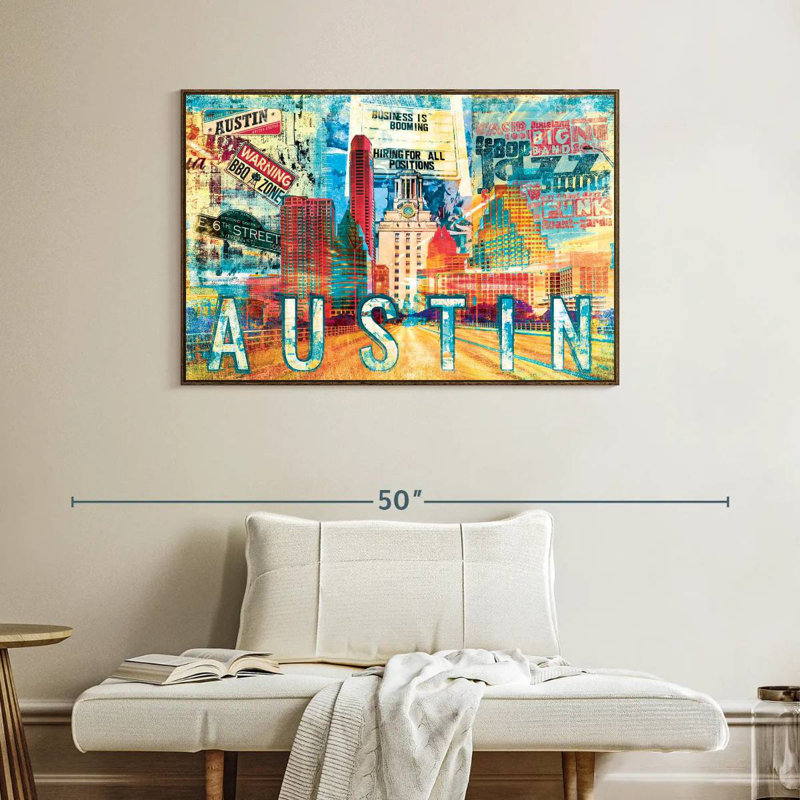 Road to Austin City Grunge, 40 po x 27 po, Cadre flottant en noyer