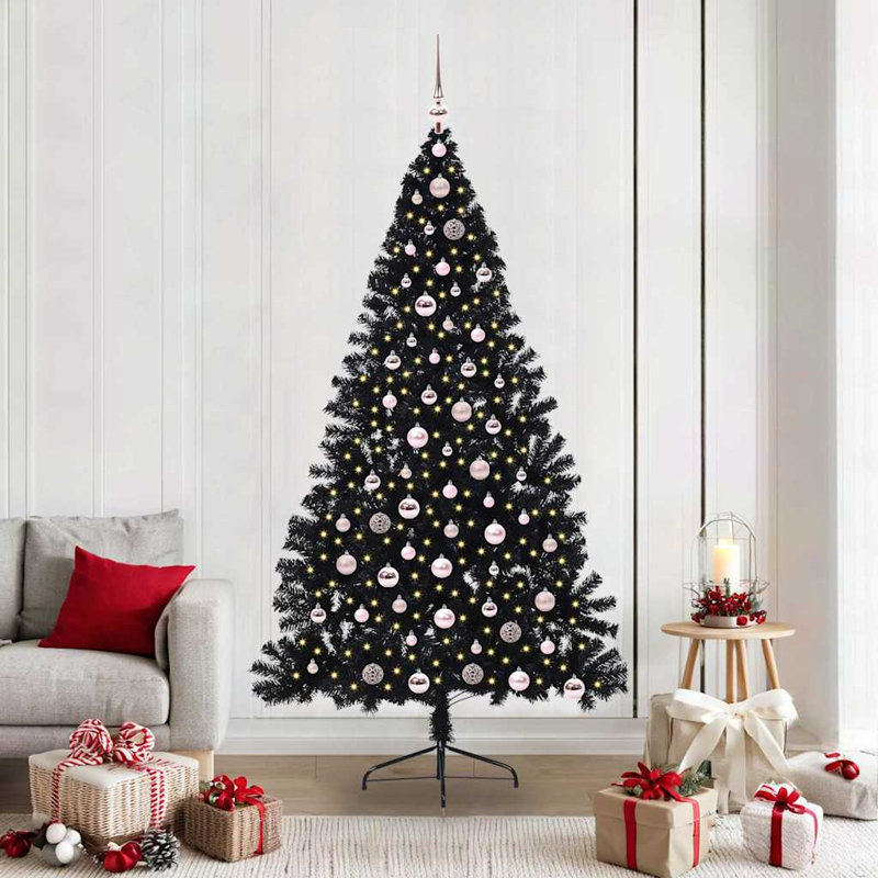 6.89' H Lighted Artificial Christmas Tree, 210 cm, with 120 Pink Balls, Black