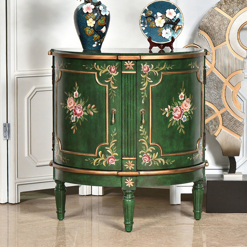 Meuble d'entrée demi-lune en bois massif, peint à la main avec un motif floral vert