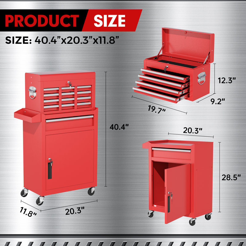 5 Drawers Rolling Tool Chest , 2-in-1 Detachable Metal Tool Cabinet with Lockable Wheels, Red