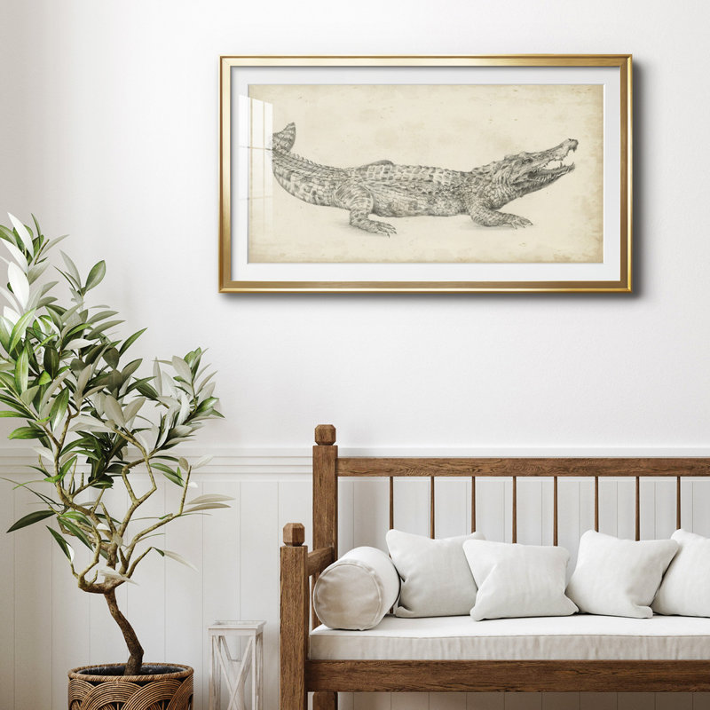 Croquis de crocodile - reproduction encadrée de qualité supérieure - prête à être accrochée, Or