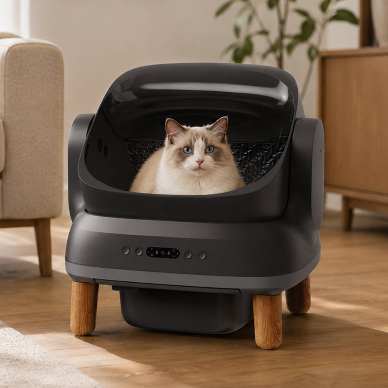 Litière à chat automatique, conception autonettoyante intelligente avec 3 sacs à litière et tapis de litière, contrôle des odeurs, facile à nettoyer pour les chats, couvercle ouvert