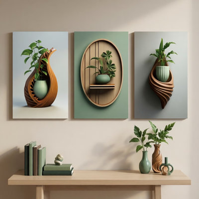 Modern Organic Wood Botanical Plant Canvas Wall Art Set of 3 24*16 inch- Living Room Decor