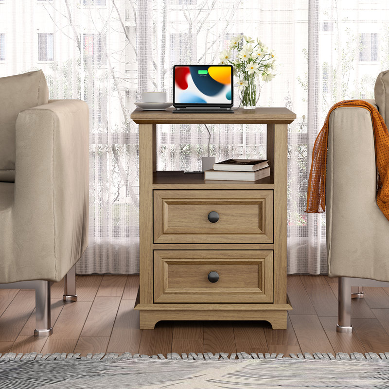 Azella Frame 2 End Table Set with Storage and Built-In Outlets, Light Brown Top/Light Brown Base