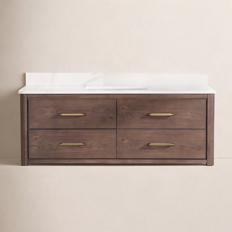 Meuble-lavabo simple mural 55 po avec plateau en quartz Calacatta Cristo, Chêne brun foncé