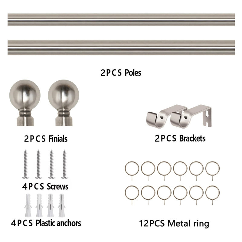 Altadena Adjustable Single Curtain Pole, 120cm W x 3cm D, Nickel