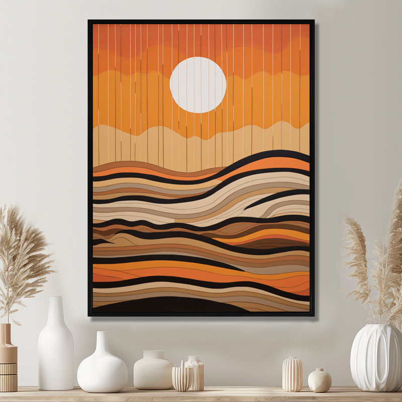 Minimal Full Moon Autumn Waves - impression d'art mural plage et océan, Toile avec cadre flottant noir