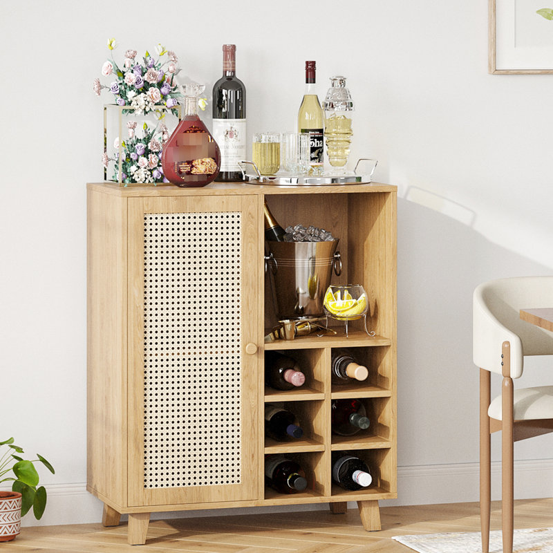 Buffet de 34 pouces avec vin, buffet de salon à la maison, une tablette fermée et deux tablettes ouvertes, - porte d'entrée, idéal pour une utilisation dans une cuisine, armoire de bar, 6 espaces, design, longue durée convenant à diverses pièces