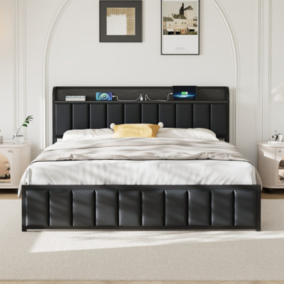 Modern Queen Bed Frame with Bookcase Storage Headboard, Queen Size Black Faux Leather Upholstered Platform Bed with Charging Station, Mattress Foundation with Heavy-Duty Steel Slat Support, No Box Spring Needed