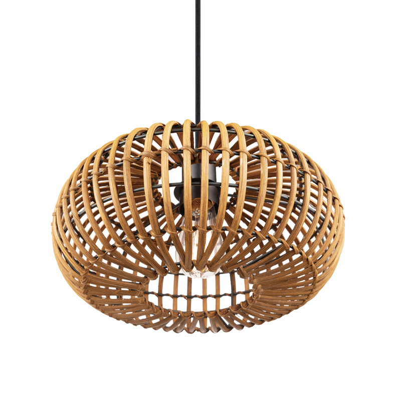 Matte Black Drum Pendant Light with Rattan Shade