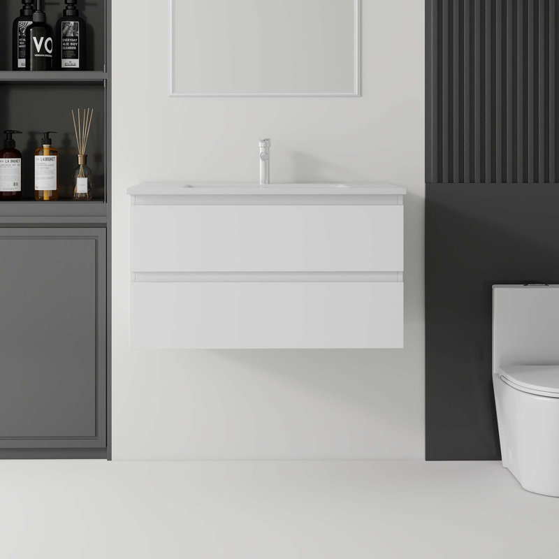 Meuble-lavabo flottant avec lavabo en céramique et portes à fermeture en douceur, Blanc