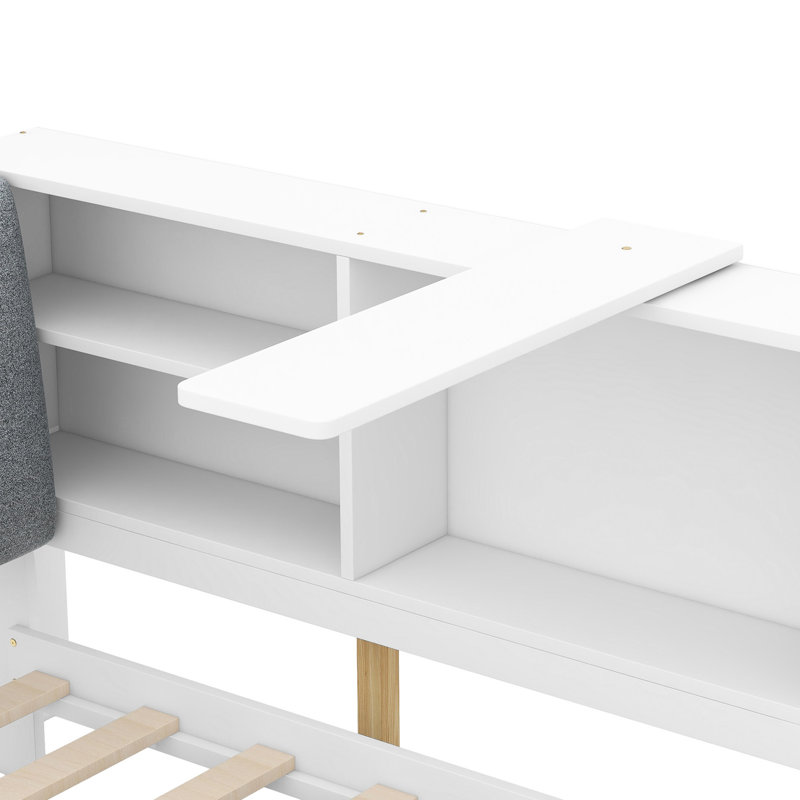 Lit plateforme simple en bois avec rangement pour tête de lit, 2 tiroirs, tablettes blanches pour tête de lit chambre à coucher, tablettes et rangement - Choice