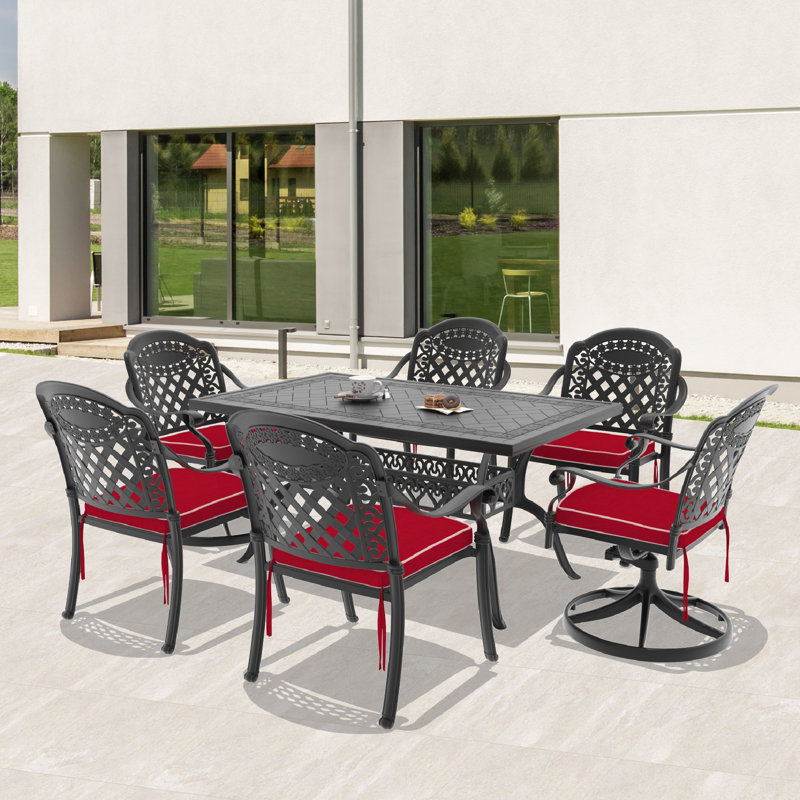 Ensemble de salle à manger d'extérieur rectangulaire 7 pièces de 150 cm (59,06 po) de long, comprenant 2 chaises pivotantes et 4 chaises empilables, coussins rouges