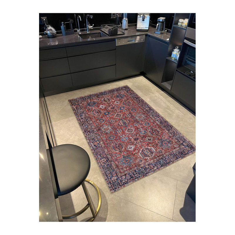 Tapis décoratif bourgogne à motif de losanges lavable à la machine, Carré 3 pi 3 po