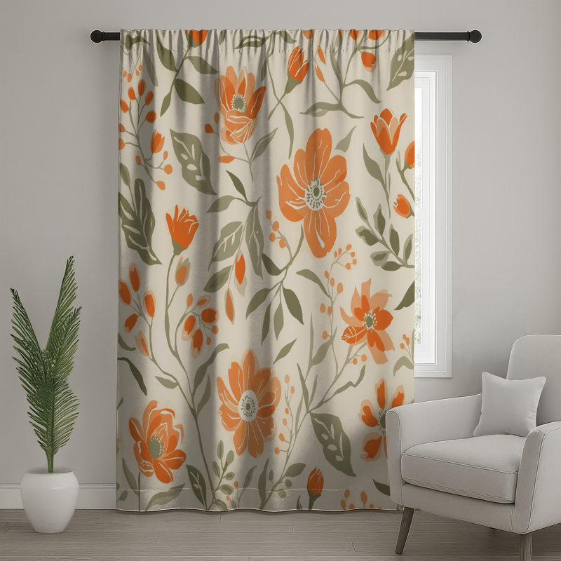 Rideaux orange à motif floral, voilages et voilages à motif floral - 1 panneau, 50" x 80" - 1 Panel, Sheer