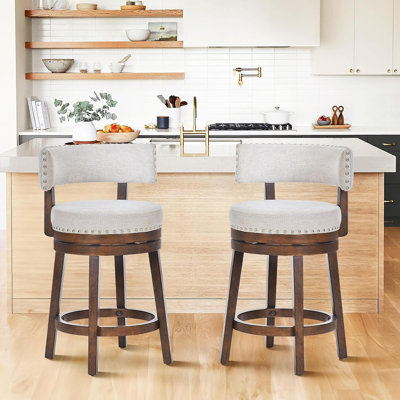 Ensemble de 2 tabourets de bar pivotants en bois rembourrés à hauteur de comptoir avec dossier, beige