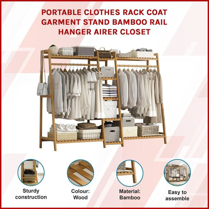 Portant à vêtements de luxe en bambou avec étagères de rangement à niveaux et crochets à vêtements, Brun