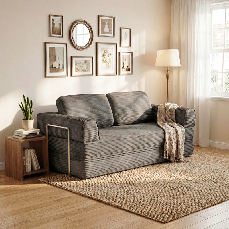 80 "Folding Sofa Bed, Convertible Recliner with Fixed Shape Frame, Living Room Compression Corduroy Folding Sofa Bed with Pull-out Bed, No Assembly Required, Gray