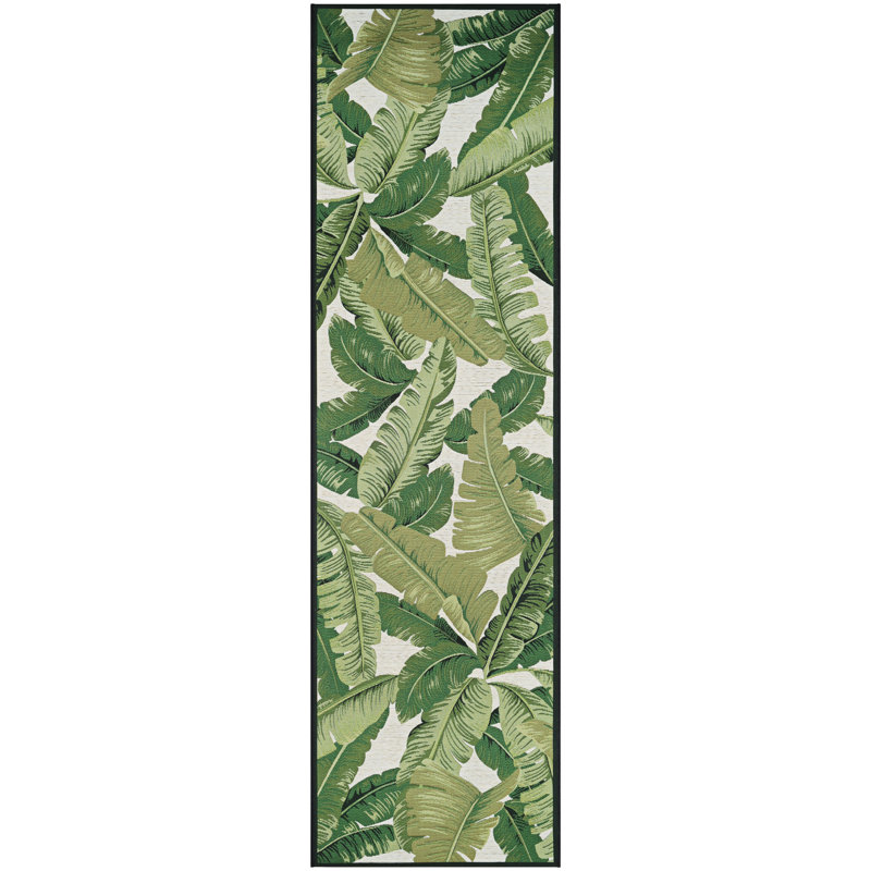 Mayshar Floral Hunter Green Ivory Indoor Outdoor Area Rug, Runner 2'3" x 7'10"
