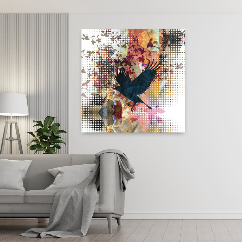 Art contemporain, paysage contemporain abstrait, oiseau, H 48 po x l 48 po