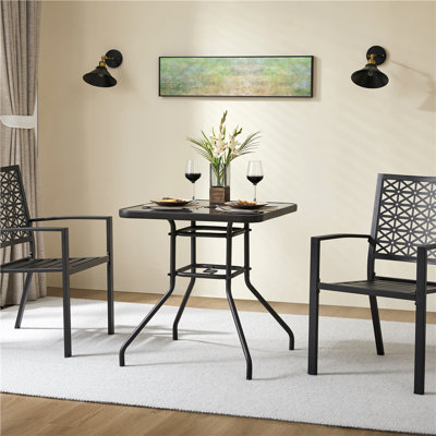 Square Tempered Glass Iron Outdoor with Umbrella Hole Bistro Table - 70 cm W 70 cm D