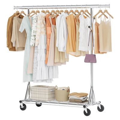 Telescopic folding mobile clothes rack Heavy commercial clothing rack clothes rail length 47"-75 "adjustable height 65"-70" adjustable tool-free 5 minutes quick assembly with brake universal wheel bottom basket storage bedroom laundry room is suitable fo