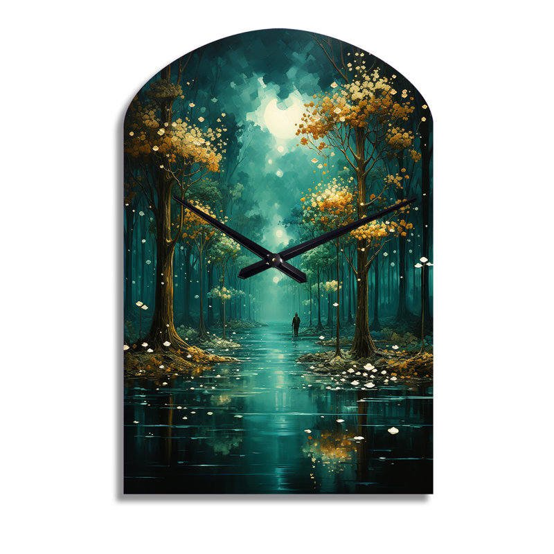 «Solitude In Forest Of Emerald I» - Horloge en métal avec arche de forêt, Moyenne
