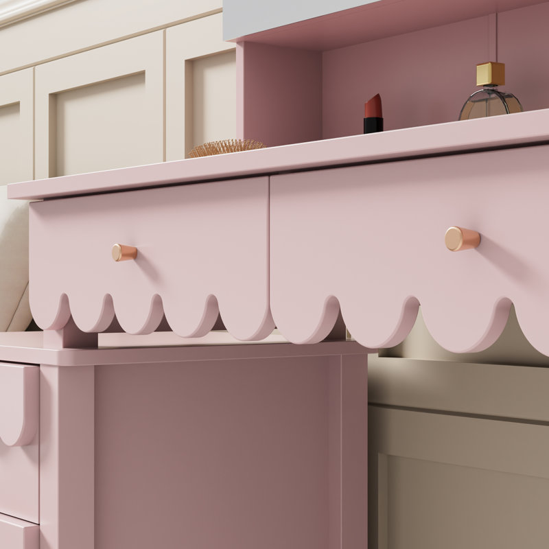 Dorlan 50'' Wide With Flower Shape Vanity With Stools And Mirrors, Pink