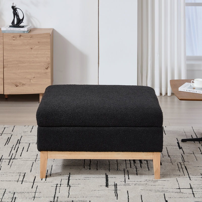 Repose-pieds carré avec rangement, couvercle réversible / base en bois - Boucle noire, Noir, Natural