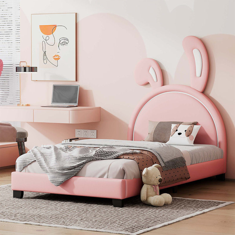Lit plateforme tapissier en cuir avec ornement en forme de lapin, Simple, Rose