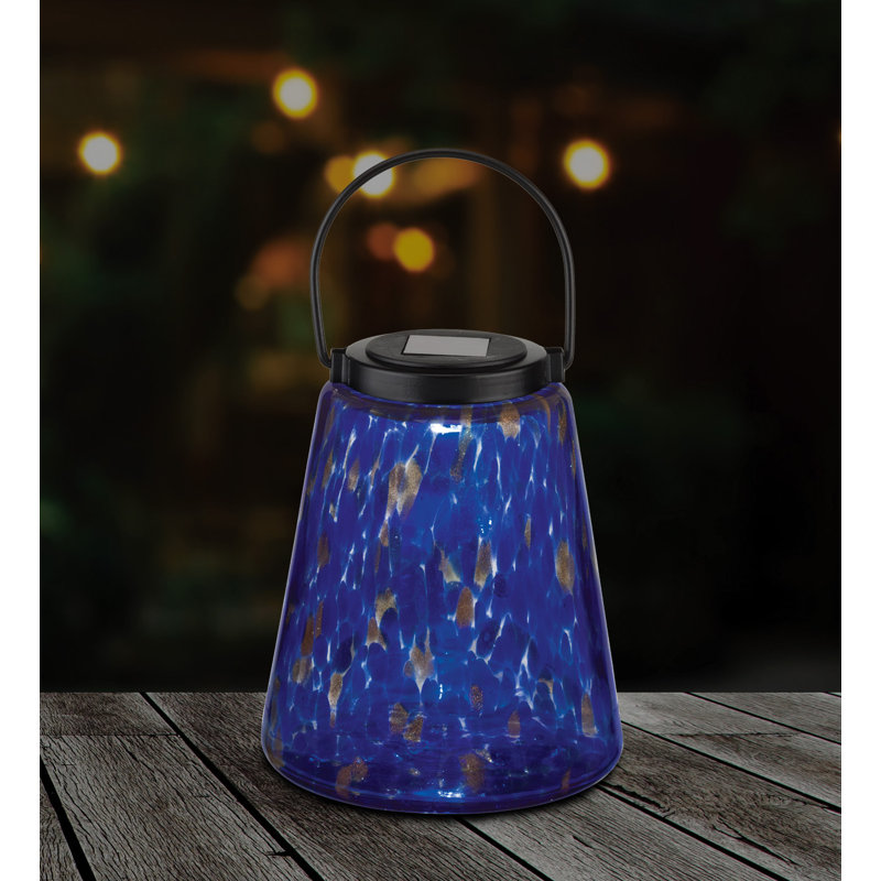 Murano Handcrafted Glass and Metal Solar Powered Decorative Outdoor Lantern, Indigo