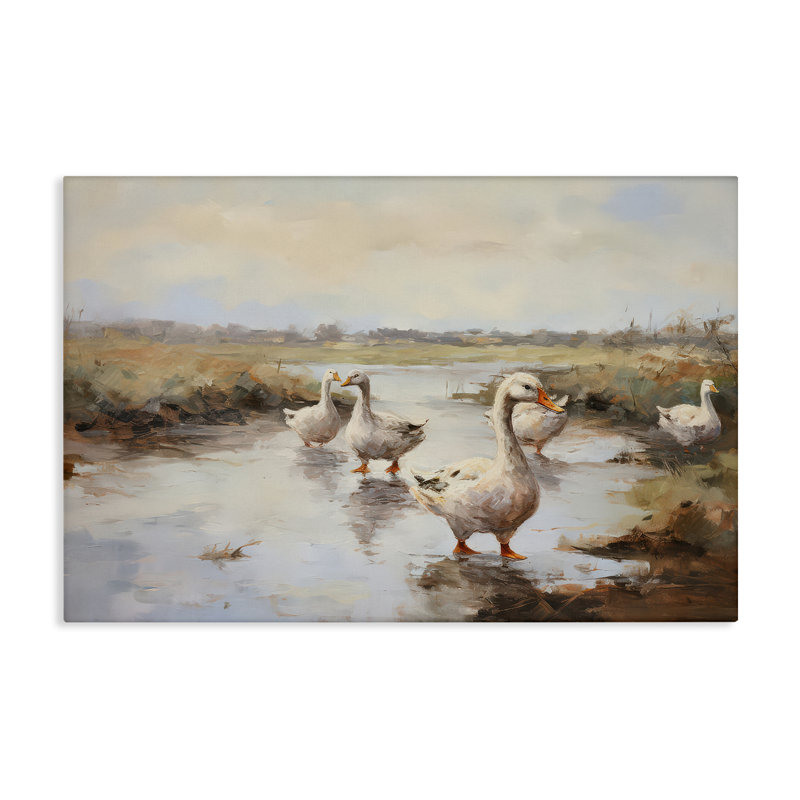 Art mural sur toile Swan Family Traditional Pond par Petal Prints Design, H 30 po x l 45 po