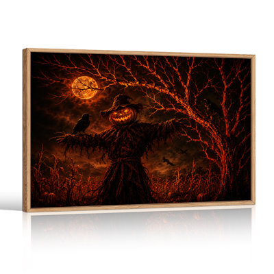 Scarecrow with Glowing Pumpkin Head in Orange Halloween Canvas Wall Art