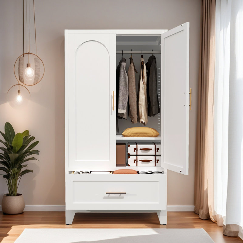 60? White Metal Wardrobe With 1 Drawer, White 