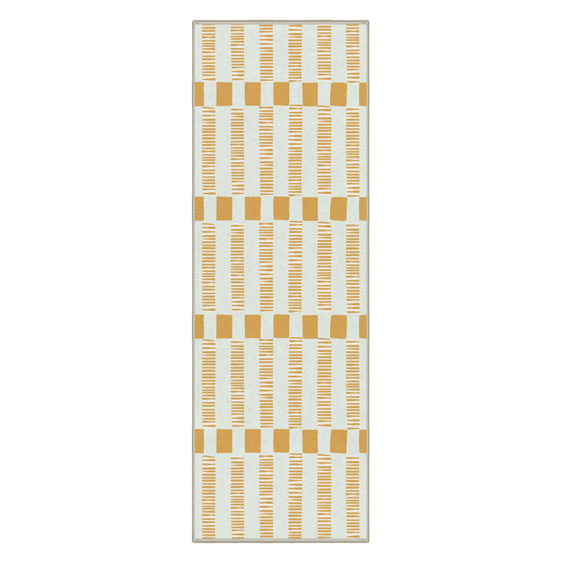 Mid-Century Checkerboard Machine Washable Area Rug, Mustard Yellow & Cream Soft Low-Pile Non-Slip Rug, Runner 2'6" x 8'
