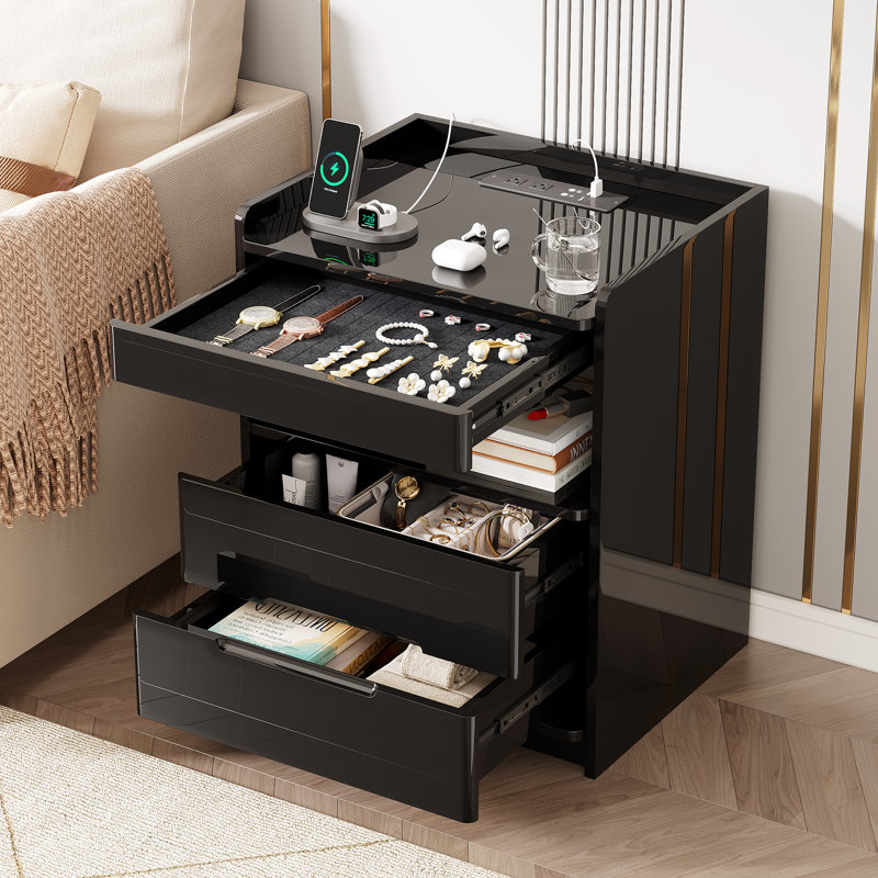 Table de chevet lustrée à 3 tiroirs avec éclairage DEL et prises électriques, armoire de rangement verrouillable, Noir