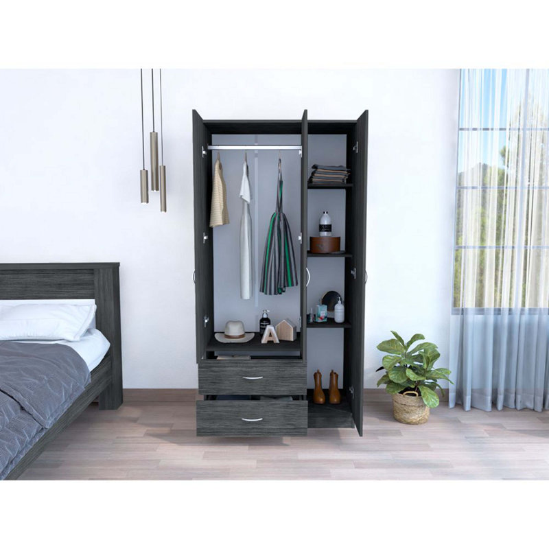 3 Door Armoire With Two Drawers, Smoke Grey