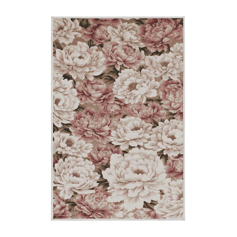 Machine Washable Botanical Beige Area Rug, Rectangle 7' x 10'