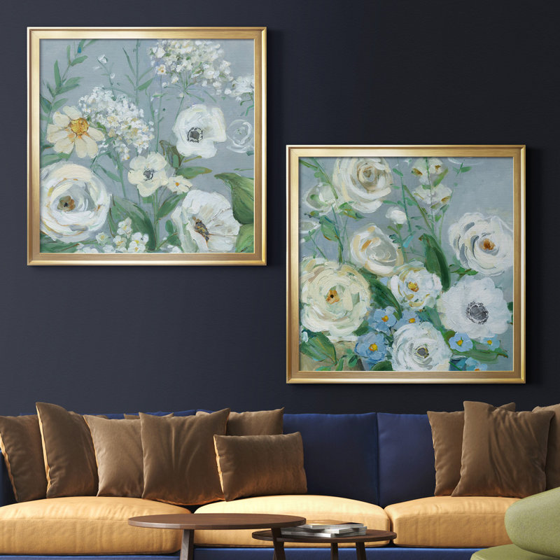 Painterly Garden I - Ensemble de 2 peintures sur papier encadrées, Pas de tapis, Papier encadré doré