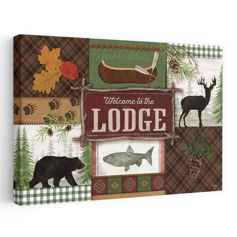 «Welcome To The Lodge», art abstrait, paysage contemporain, ours, cerf, poisson, H 16 po x l 24 po