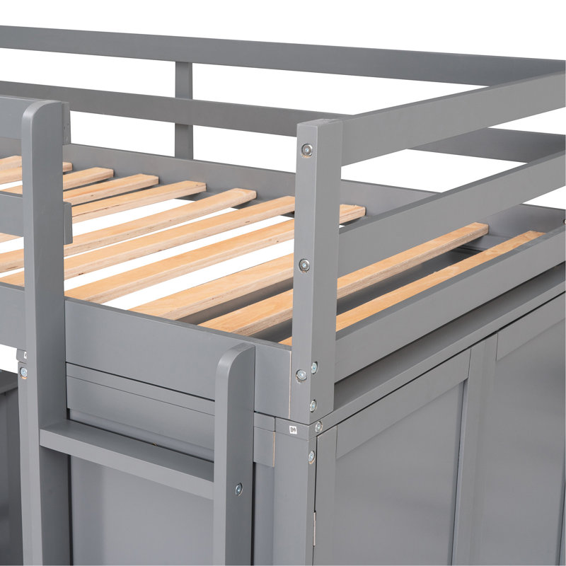 Lit mezzanine simple gris avec tiroirs de rangement, bureau et garde-robe. Bois massif. Faites de votre espace. Aucune boîte de tiroir de fondation, étude de la construction en bois pour plus de stabilité. Maximiser le sommier tapissier de la chambre à coucher