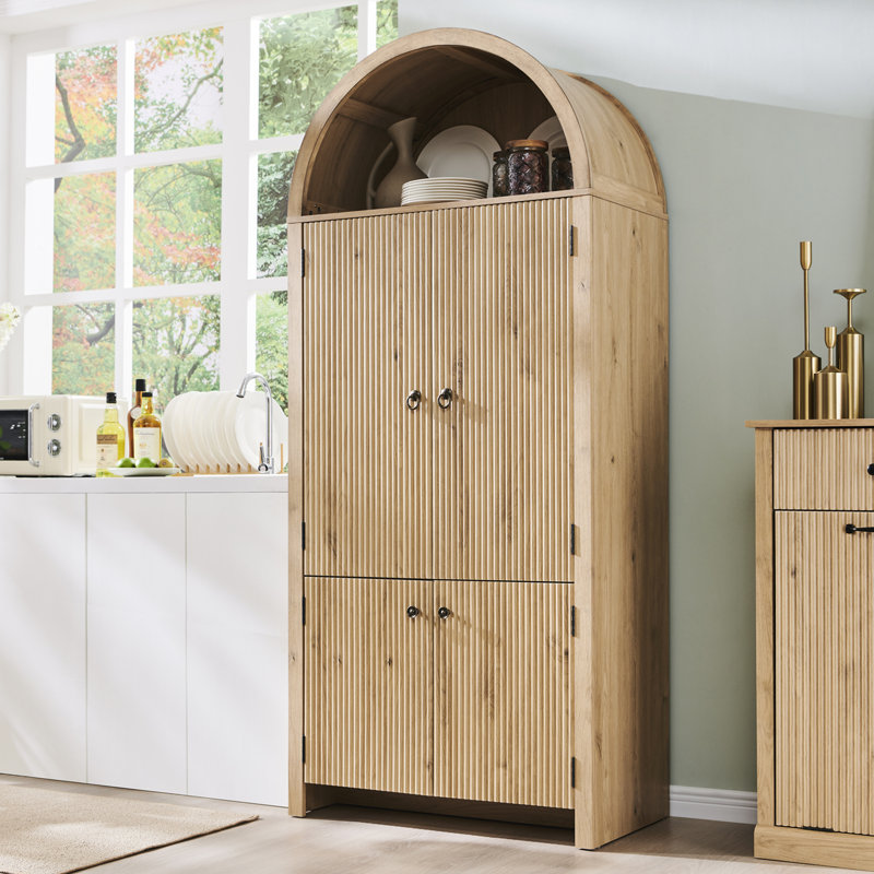71" High Arched Kitchen Pantry, Modern Wooden Storage Cabinets with Door Slots, Equipped with Open Arched Shelves, Natural