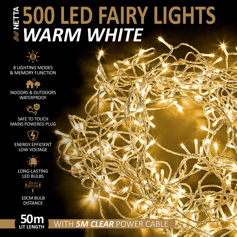 NETTA Fairy String Lights with Clear Cable and 8 Different Modes - 500 LED / 50M Lit-Length