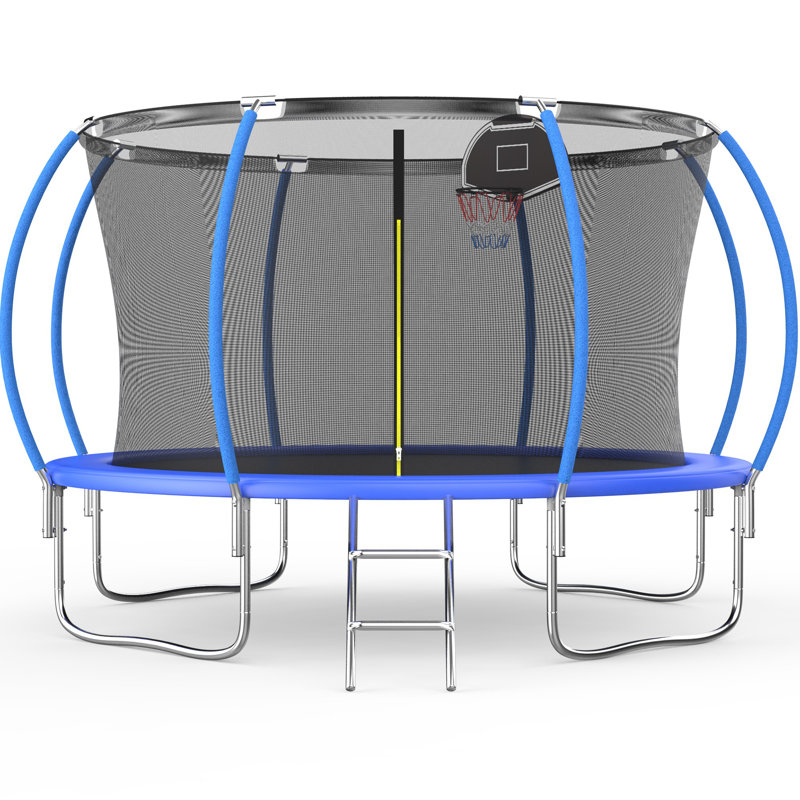 Trampoline de jardin rond de 12 pi avec enceinte sécuritaire SENCHO GINSYTALIOR, Acier Inoxydable, Bleu