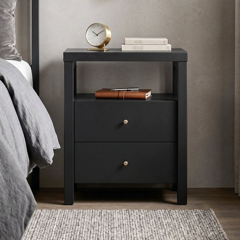 Absecon 23" H Modern Black 2-Drawer Nightstand with Open Shelf