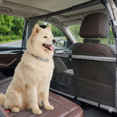 Paravent pour chien à l'épreuve des fuites, cloison de 56 pouces de large pour les sièges des deuxième et troisième rangées et de l'espace de chargement, barrière de siège arrière robuste avec filet en filet transparent pour les camions, les gran