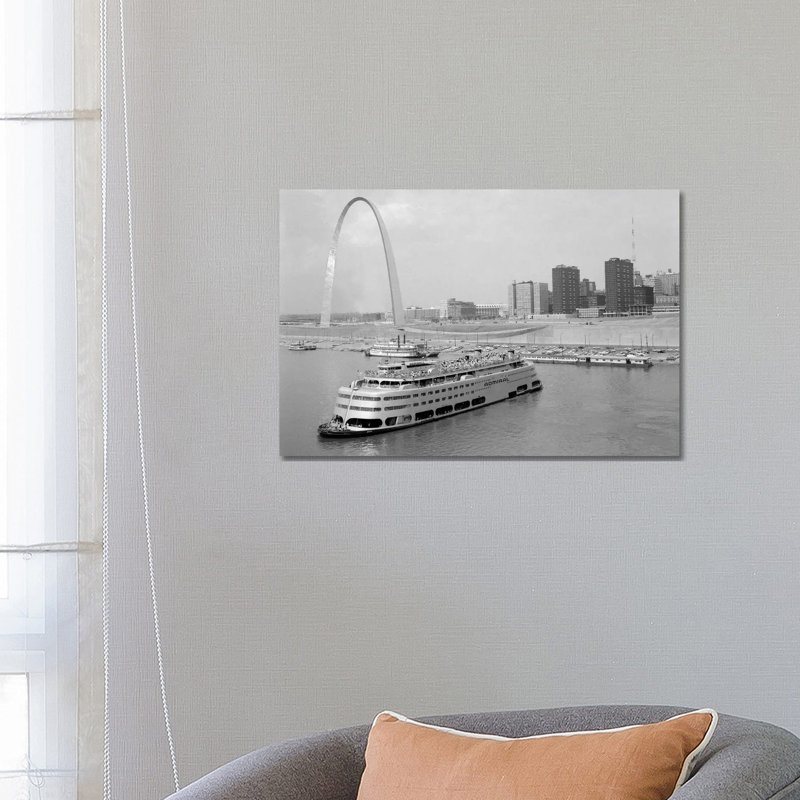 1960s St. Louis Missouri Gateway Arch Skyline Mississippi River SS Admiral Casino And Other Riverboats - Wrapped Canvas Print
