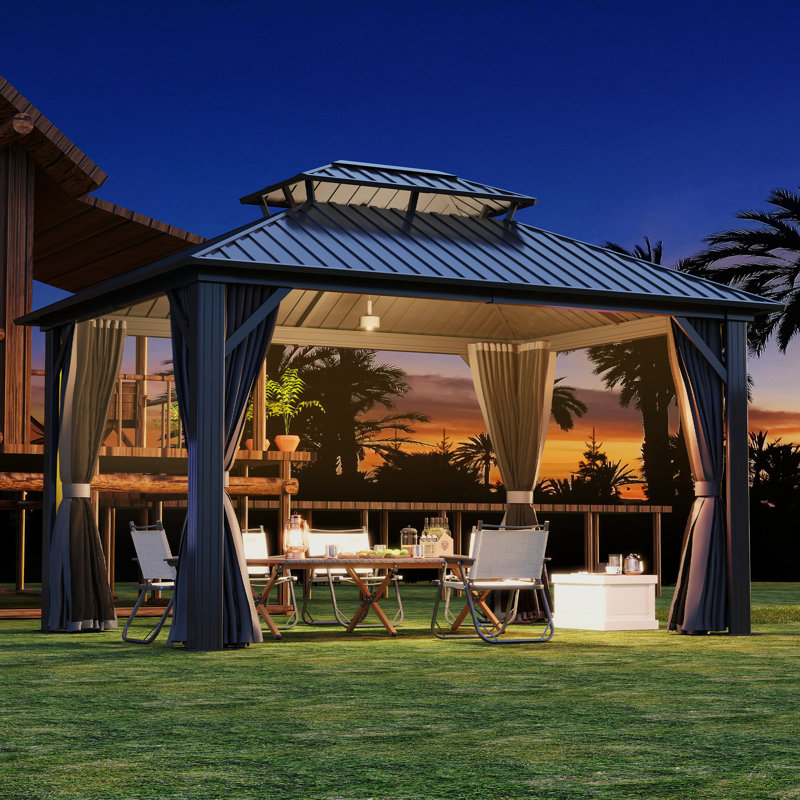 Aluminum Patio Gazebo - Galvanized Steel Hardtop Gazebo with Curtains & Netting, 14 ft. W x 12 ft. D