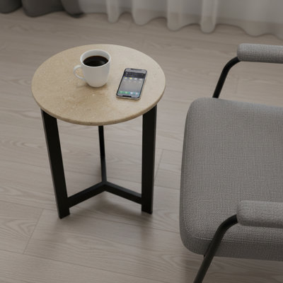 Round Onyx Marble Side Table – 16” Diameter, 22” Height – Fossil Onyx Marble Top with Black Metal Base – Modern Accent End Table for Living Room & Bedroom