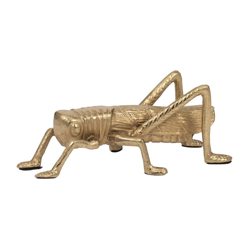 Décor: Figurine sauterelle en métal de 9 po de couleur dorée - aluminium et bois de suar